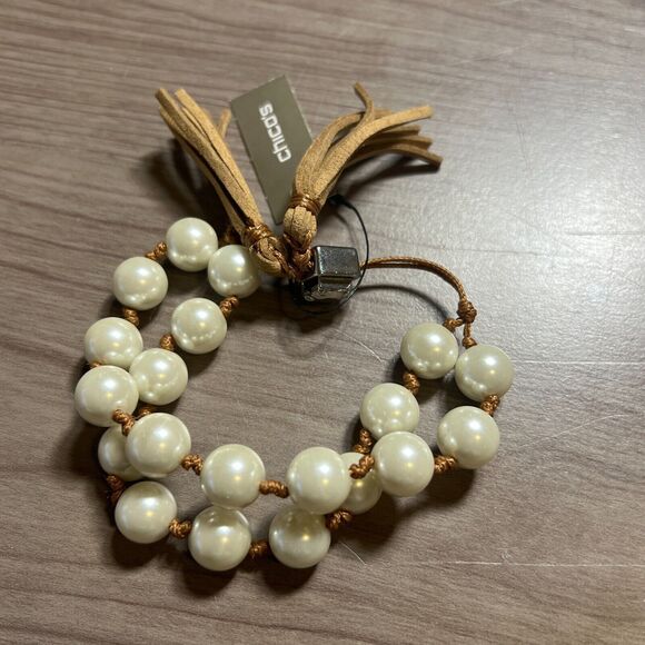 Chico's Cream and Tan Beaded Bracelet - Picture 1 of 7